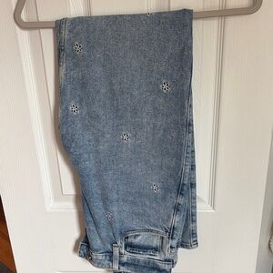 Hollister Light Blue Straight Leg Jeans with White Floral Embroidery